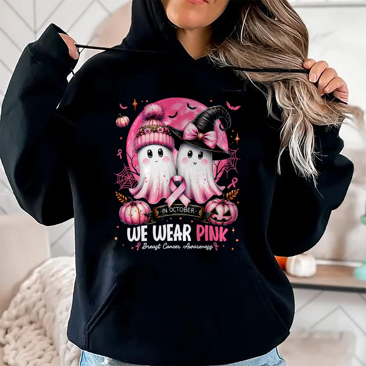 in October We Wear Pink Ghost Witch Breast Cancer Awareness T-Shirt - Halloween Unisex T-Shirt/Hoodie - NGHL00