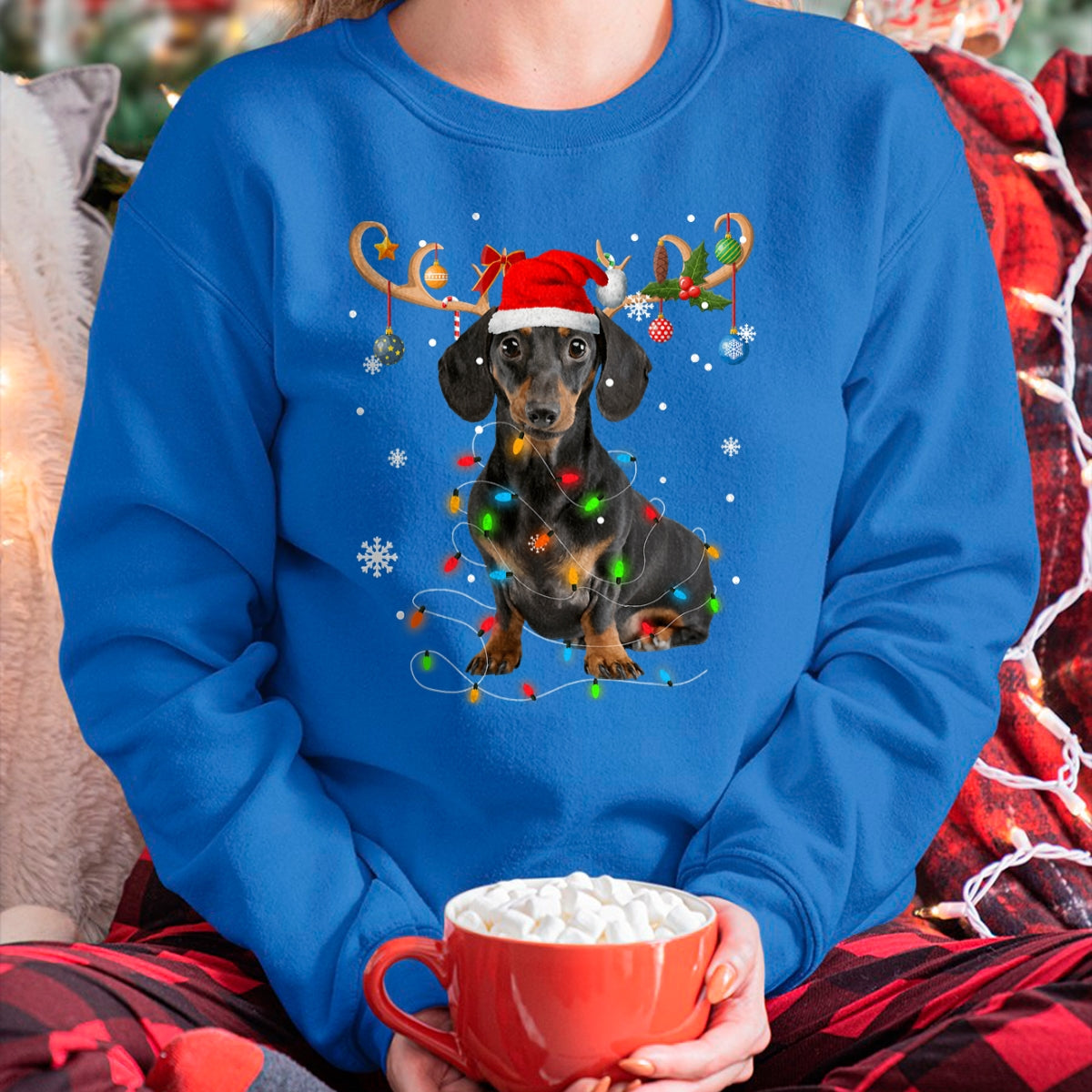 Funny Dachshund Christmas Reindeer Christmas Lights Pajama T-Shirt - Christmas Unisex T-Shirt/Hoodie/Sweatshirt - NGHL00