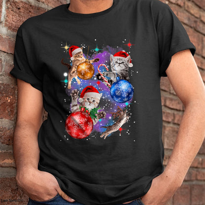 Cute Christmas Cats In Space Ornaments Graphic T-Shirt - Christmas Unisex T-Shirt/Hoodie/Sweatshirt - NGHL00