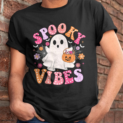 Spooky Vibes Ghost Retro Groovy Halloween T-Shirt - Halloween Unisex T-Shirt/Hoodie - NGHL00