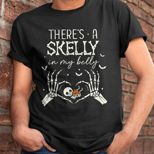 There's A Skelly in My Belly Funny Halloween Pregnancy Women T-Shirt - Halloween Unisex T-Shirt/Hoodie - NGHL00