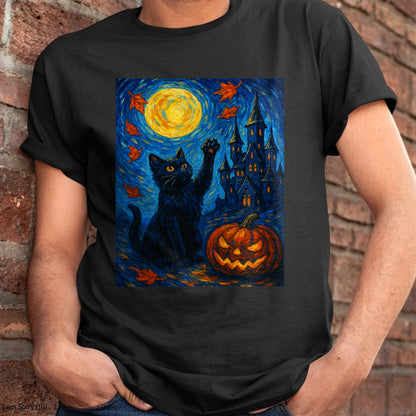 Halloween Van Gogh Starry Night Black Cat Pumpkins T-Shirt - Halloween Unisex T-Shirt/Hoodie - NGHL00