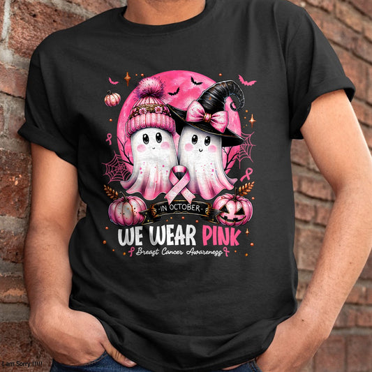 in October We Wear Pink Ghost Witch Breast Cancer Awareness T-Shirt - Halloween Unisex T-Shirt/Hoodie - NGHL00