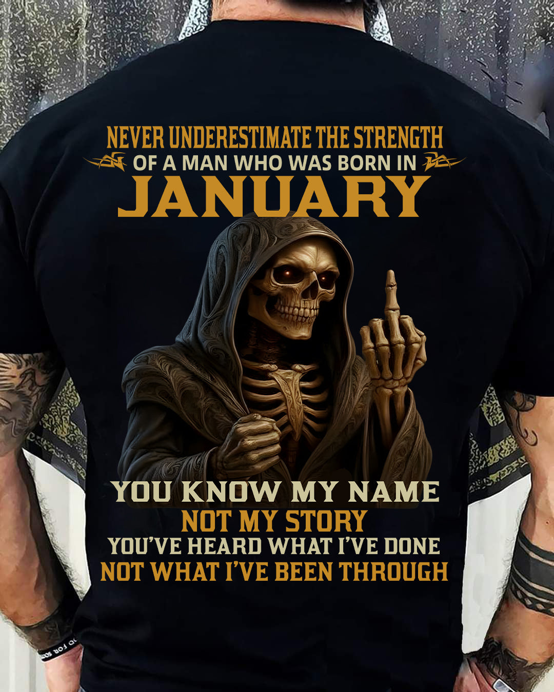 JANUARY - NEVER UNDERESTIMATE - BIRTHDAY T-SHIRT FOR MEN - NGHL01 (SKU26T-01-06-01)