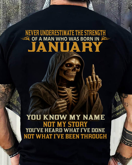 JANUARY - NEVER UNDERESTIMATE - BIRTHDAY T-SHIRT FOR MEN - NGHL01 (SKU26T-01-06-01)