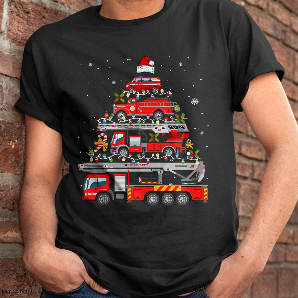 Firefighter Fire Truck Christmas Tree Lights Santa Fireman T-Shirt - Christmas Unisex T-Shirt/Hoodie/Sweatshirt - NGHL00
