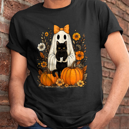Vintage Halloween Ghost Holding Black Cat Groovy Floral T-Shirt - Halloween Unisex T-Shirt/Hoodie - NGHL00