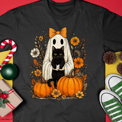 Vintage Halloween Ghost Holding Black Cat Groovy Floral T-Shirt - Halloween Unisex T-Shirt/Hoodie - NGHL00