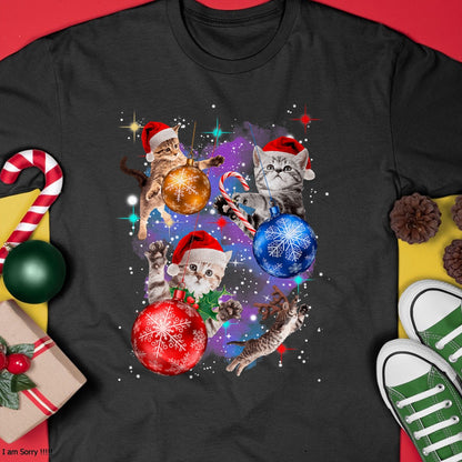 Cute Christmas Cats In Space Ornaments Graphic T-Shirt - Christmas Unisex T-Shirt/Hoodie/Sweatshirt - NGHL00