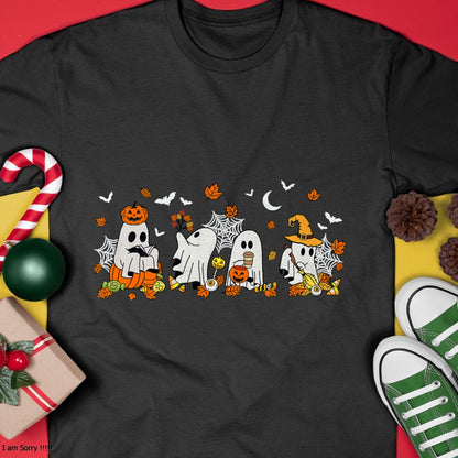 Cute Ghost Drinking Coffee Halloween Fall Ghost Book Reading T-Shirt - Halloween Unisex T-Shirt/Hoodie - NGHL00