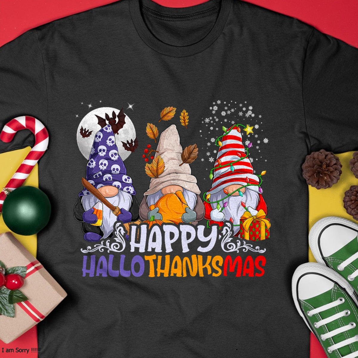 HalloThanksMas Gnomes Halloween Thanksgiving Christmas Happy T-Shirt - Christmas Unisex T-Shirt/Hoodie/Sweatshirt - NGHL00