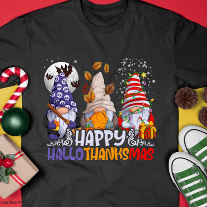 HalloThanksMas Gnomes Halloween Thanksgiving Christmas Happy T-Shirt - Christmas Unisex T-Shirt/Hoodie/Sweatshirt - NGHL00