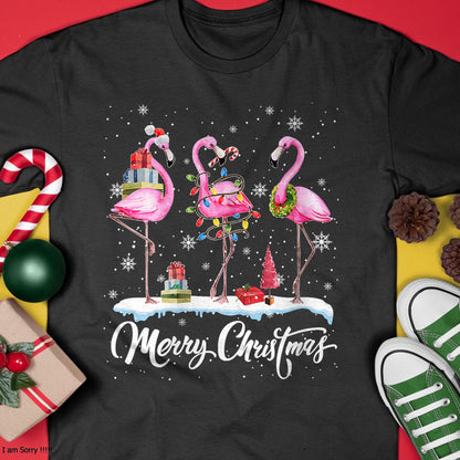 Merry Christmas Hat Santa Flamingo Light Christmas Snow T-Shirt - Christmas Unisex T-Shirt/Hoodie/Sweatshirt - NGHL00