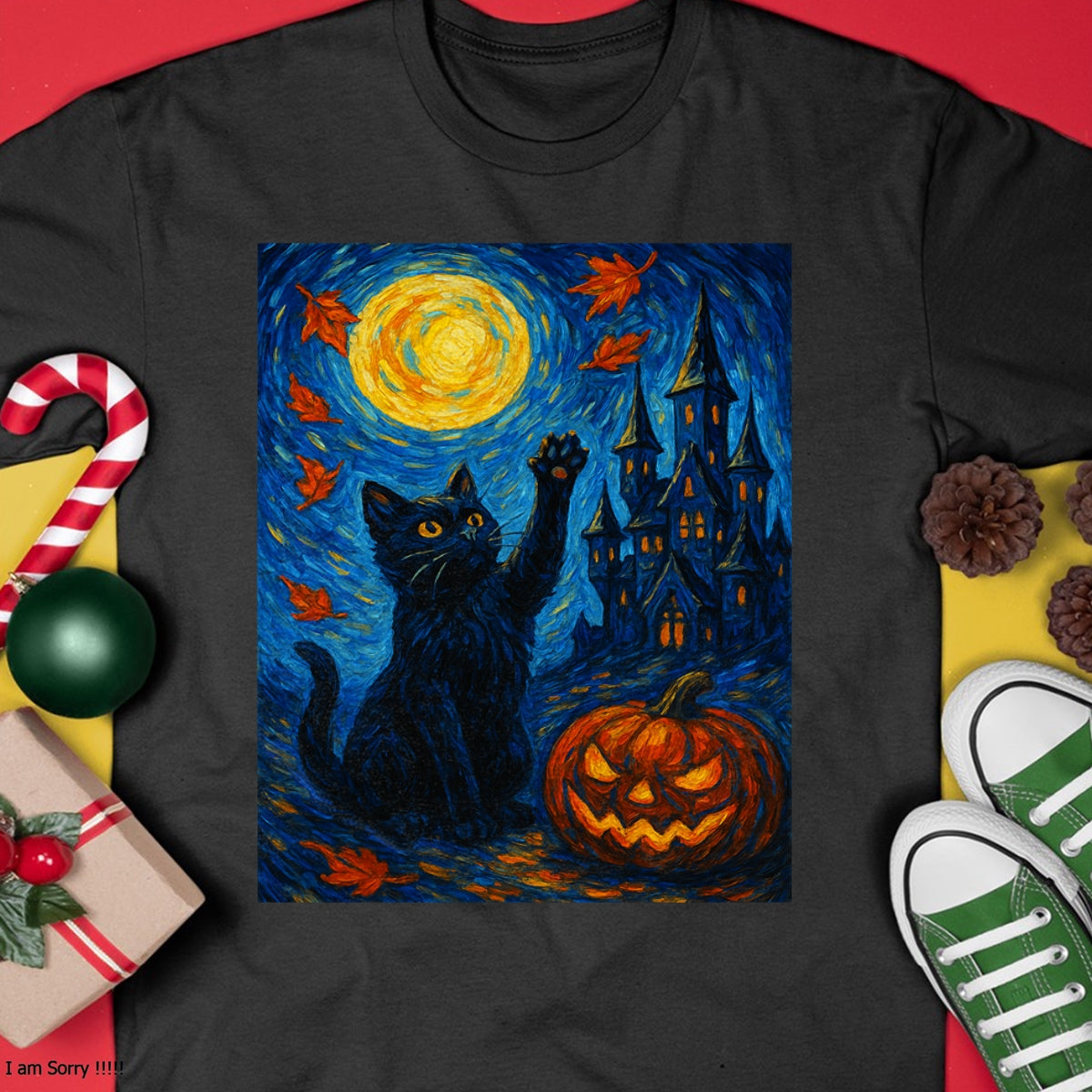 Halloween Van Gogh Starry Night Black Cat Pumpkins T-Shirt - Halloween Unisex T-Shirt/Hoodie - NGHL00
