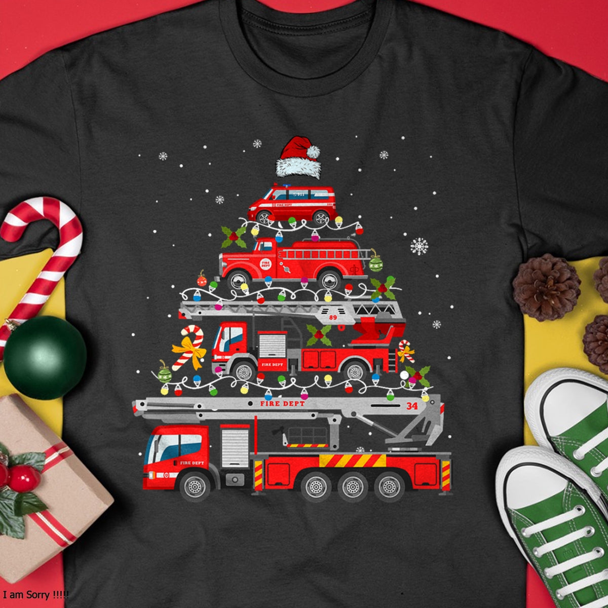 Firefighter Fire Truck Christmas Tree Lights Santa Fireman T-Shirt - Christmas Unisex T-Shirt/Hoodie/Sweatshirt - NGHL00