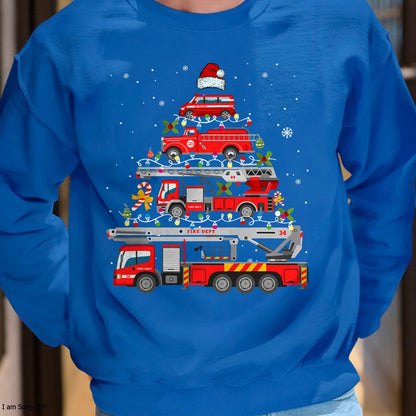 Firefighter Fire Truck Christmas Tree Lights Santa Fireman T-Shirt - Christmas Unisex T-Shirt/Hoodie/Sweatshirt - NGHL00