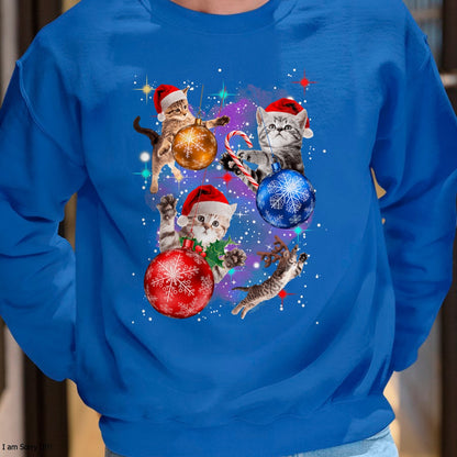 Cute Christmas Cats In Space Ornaments Graphic T-Shirt - Christmas Unisex T-Shirt/Hoodie/Sweatshirt - NGHL00
