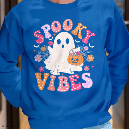 Spooky Vibes Ghost Retro Groovy Halloween T-Shirt - Halloween Unisex T-Shirt/Hoodie - NGHL00