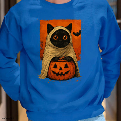 Funny Vintage Black Cat Halloween Pumpkin Spooky Ghost Women T-Shirt - Halloween Unisex T-Shirt/Hoodie - NGHL00