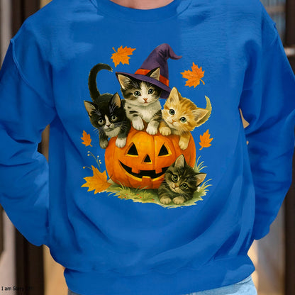 Cute Cat Pumpkin Halloween Spooky Season Vintage T-Shirt - Halloween Unisex T-Shirt/Hoodie - NGHL00