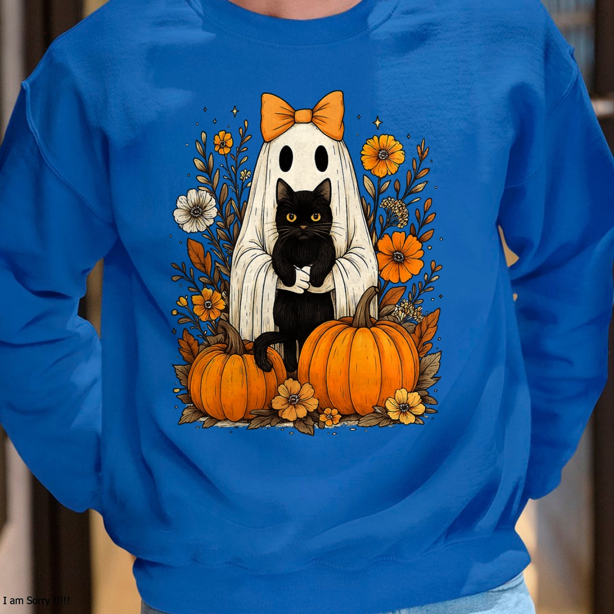 Vintage Halloween Ghost Holding Black Cat Groovy Floral T-Shirt - Halloween Unisex T-Shirt/Hoodie - NGHL00