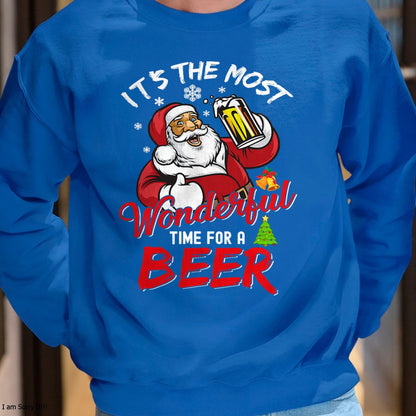 Funny Christmas Santa Claus Drinking Beer Wonderful Time T-Shirt - Christmas Unisex T-Shirt/Hoodie/Sweatshirt - NGHL00