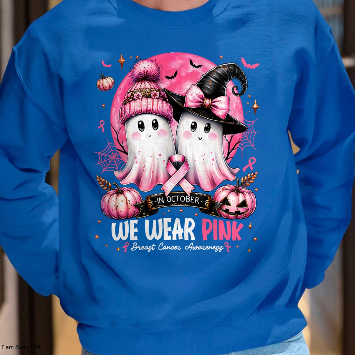 in October We Wear Pink Ghost Witch Breast Cancer Awareness T-Shirt - Halloween Unisex T-Shirt/Hoodie - NGHL00