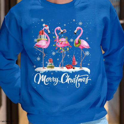 Merry Christmas Hat Santa Flamingo Light Christmas Snow T-Shirt - Christmas Unisex T-Shirt/Hoodie/Sweatshirt - NGHL00