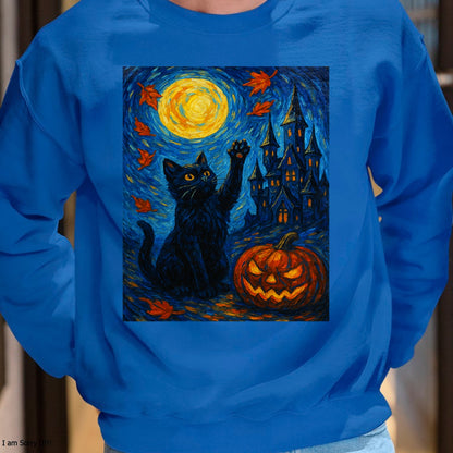 Halloween Van Gogh Starry Night Black Cat Pumpkins T-Shirt - Halloween Unisex T-Shirt/Hoodie - NGHL00