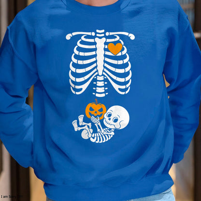 Halloween Skeleton Baby Rib Cage Maternity Pregnant Pumpkin T-Shirt - Halloween Unisex T-Shirt/Hoodie - NGHL00