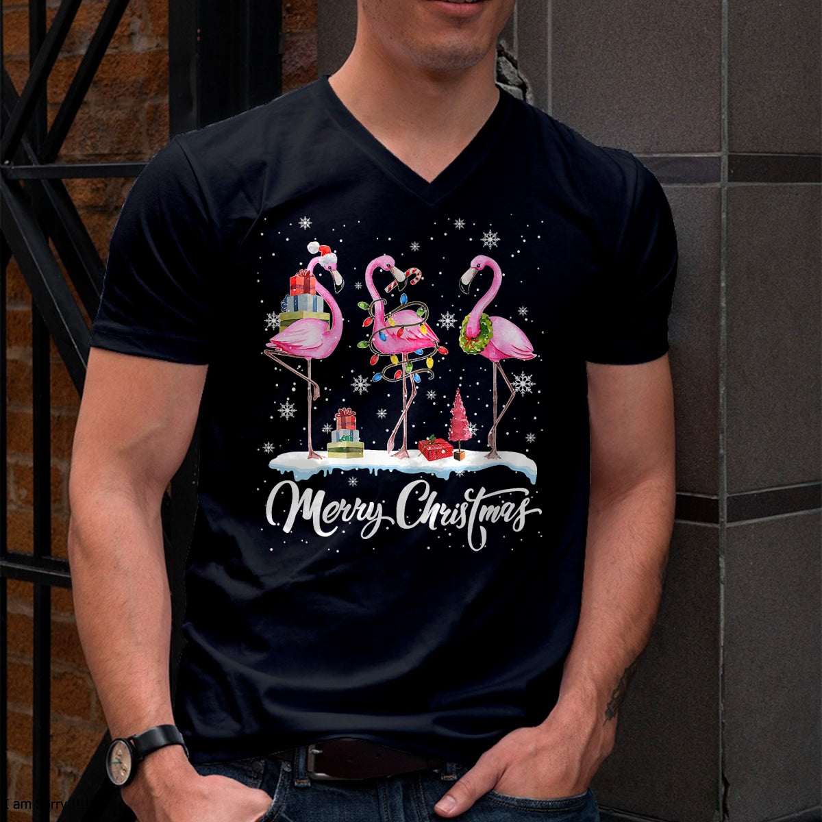 Merry Christmas Hat Santa Flamingo Light Christmas Snow T-Shirt - Christmas Unisex T-Shirt/Hoodie/Sweatshirt - NGHL00