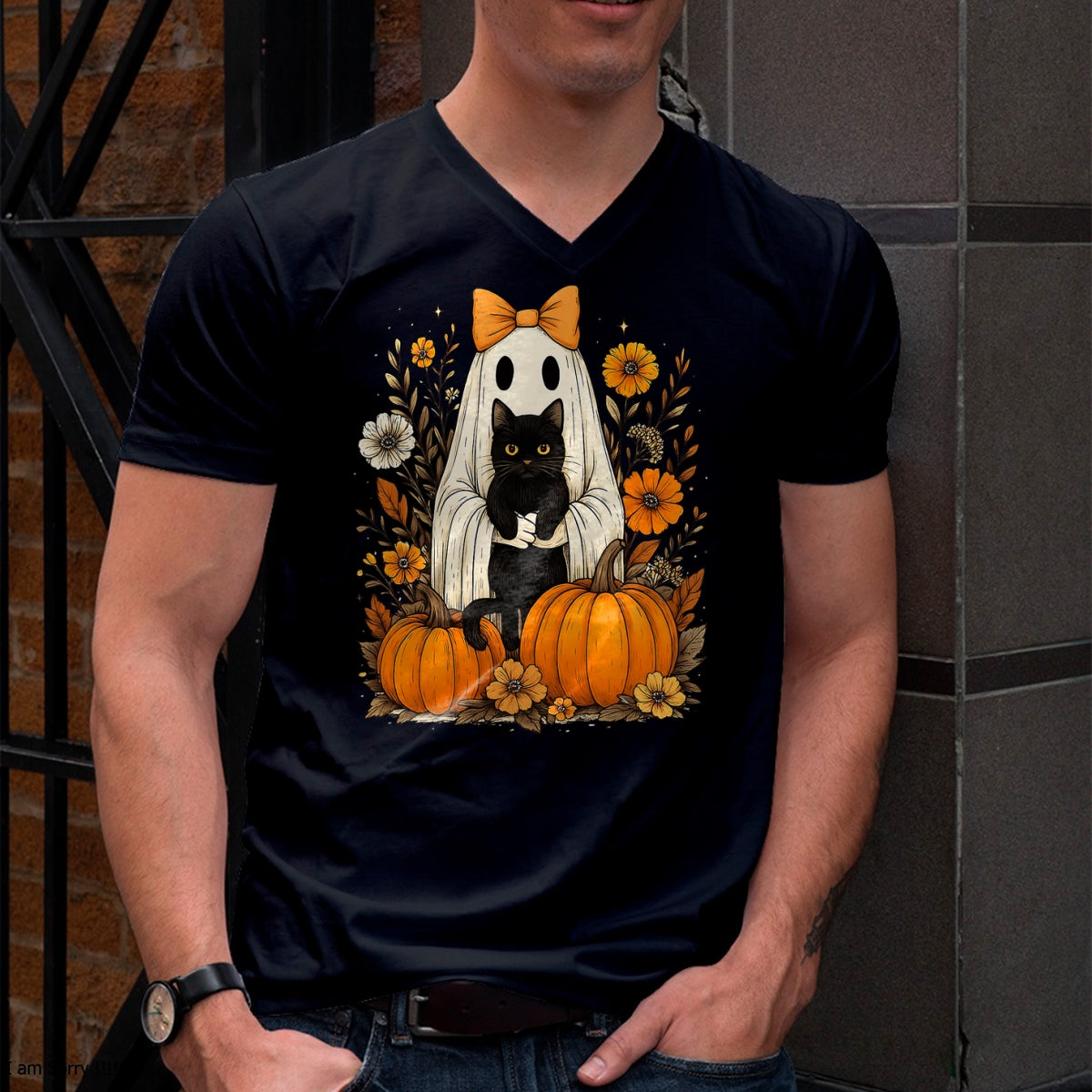 Vintage Halloween Ghost Holding Black Cat Groovy Floral T-Shirt - Halloween Unisex T-Shirt/Hoodie - NGHL00