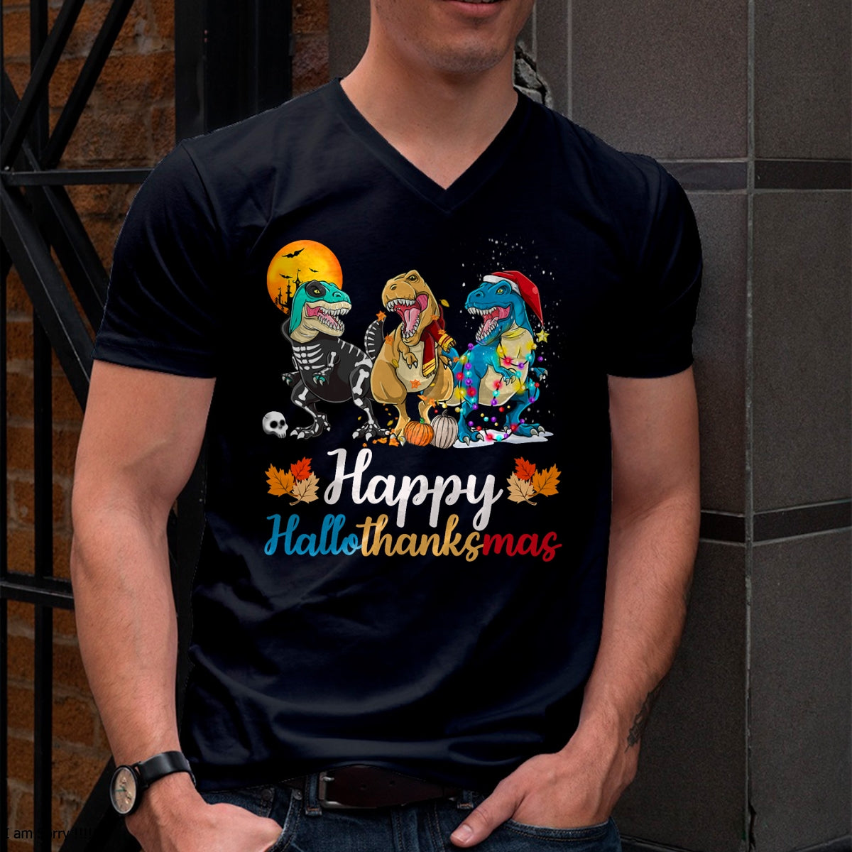 Halloween Thanksgiving Christmas Happy HalloThanksMas T rex T-Shirt - Christmas Unisex T-Shirt/Hoodie/Sweatshirt - NGHL00