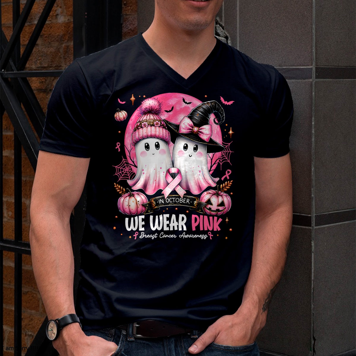 in October We Wear Pink Ghost Witch Breast Cancer Awareness T-Shirt - Halloween Unisex T-Shirt/Hoodie - NGHL00