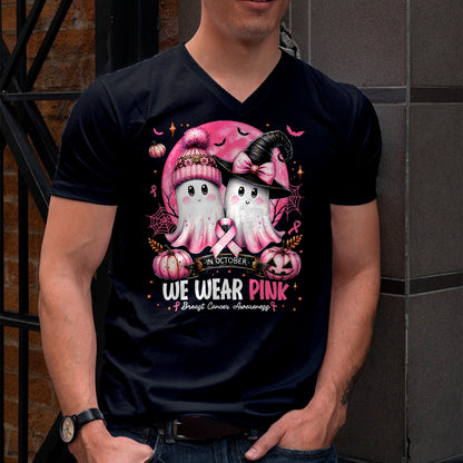 in October We Wear Pink Ghost Witch Breast Cancer Awareness T-Shirt - Halloween Unisex T-Shirt/Hoodie - NGHL00