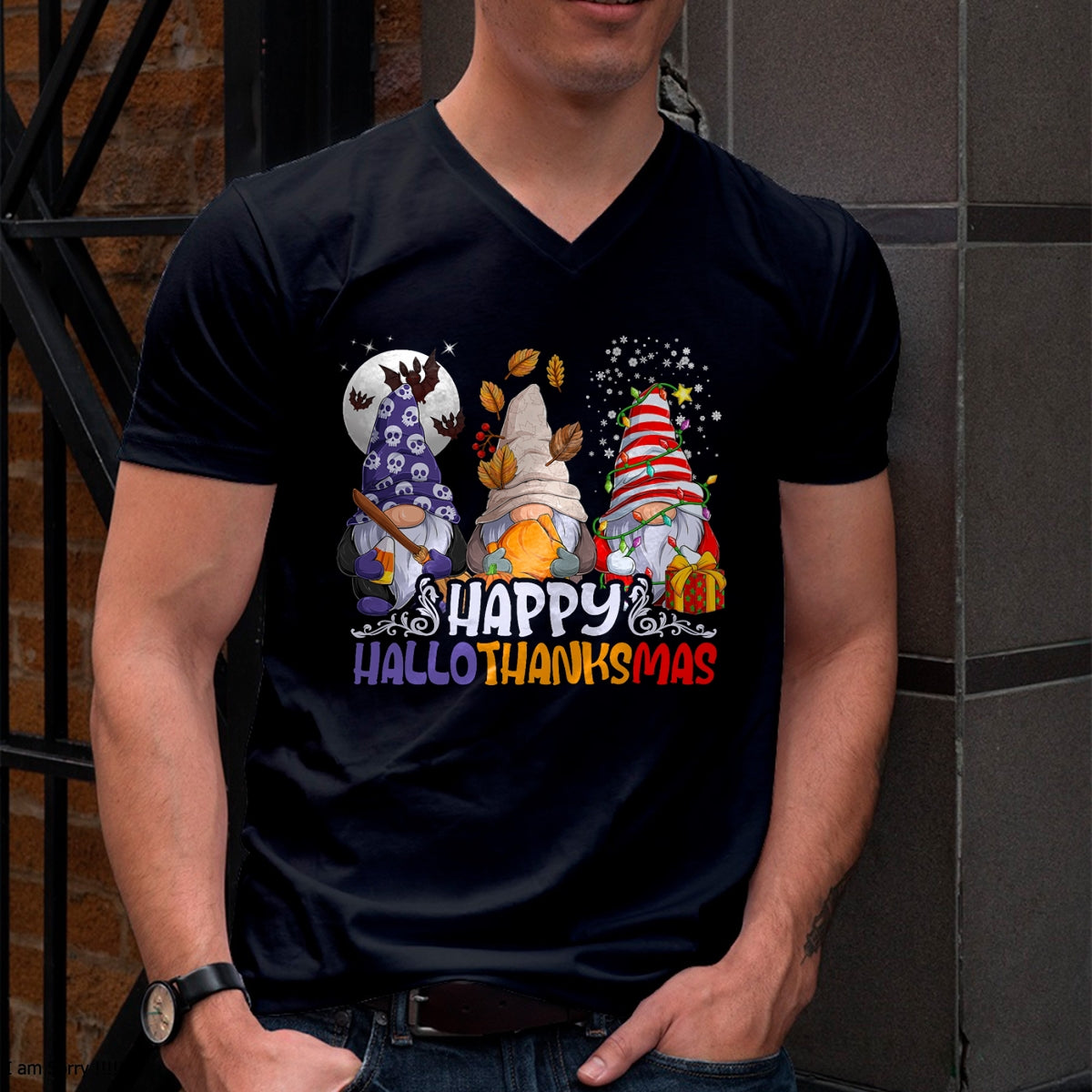 HalloThanksMas Gnomes Halloween Thanksgiving Christmas Happy T-Shirt - Christmas Unisex T-Shirt/Hoodie/Sweatshirt - NGHL00