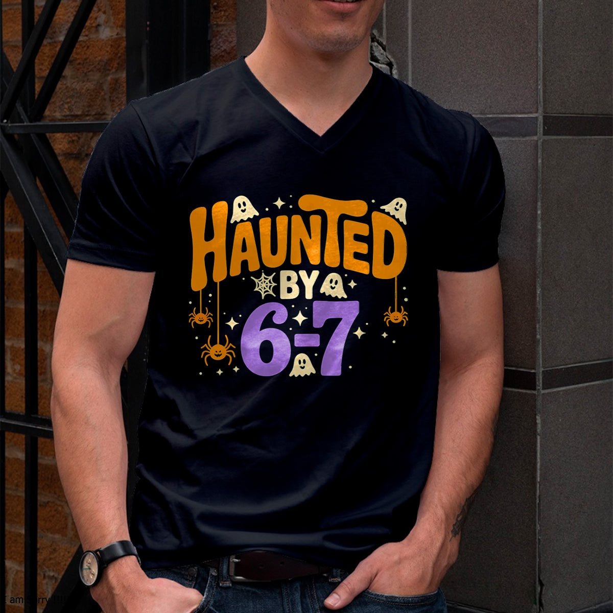 Haunted by 6-7 Halloween Ghosts and Spiders Design T-Shirt  - Halloween Unisex T-Shirt/Hoodie - NGHL00