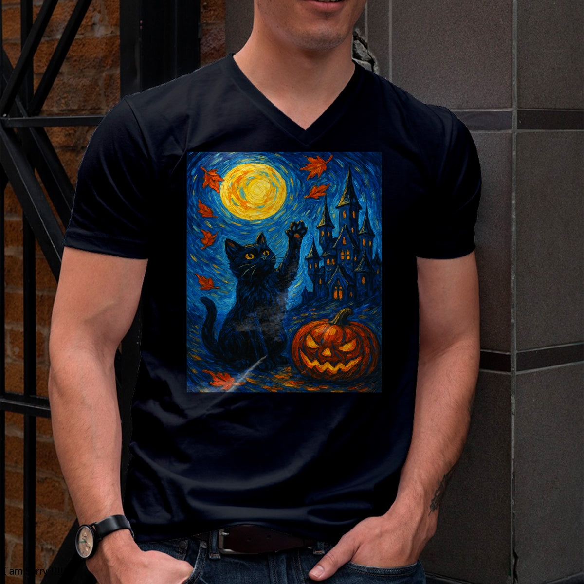 Halloween Van Gogh Starry Night Black Cat Pumpkins T-Shirt - Halloween Unisex T-Shirt/Hoodie - NGHL00