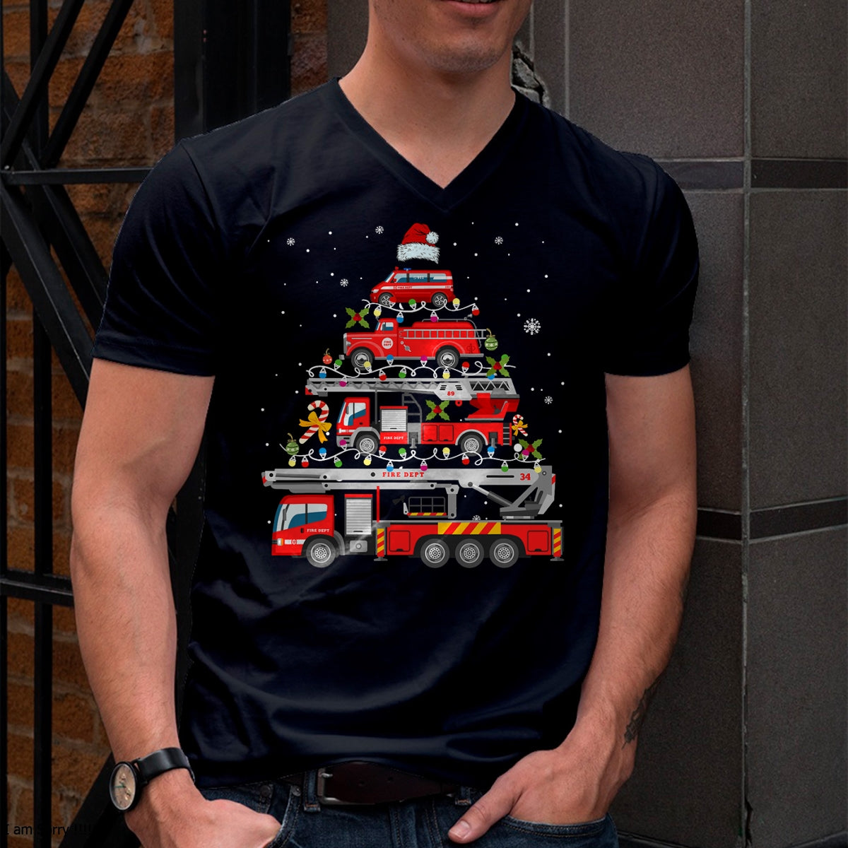 Firefighter Fire Truck Christmas Tree Lights Santa Fireman T-Shirt - Christmas Unisex T-Shirt/Hoodie/Sweatshirt - NGHL00