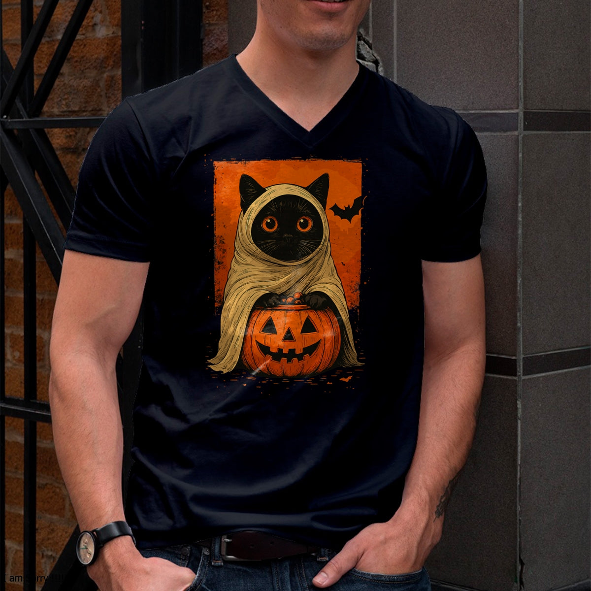 Funny Vintage Black Cat Halloween Pumpkin Spooky Ghost Women T-Shirt - Halloween Unisex T-Shirt/Hoodie - NGHL00