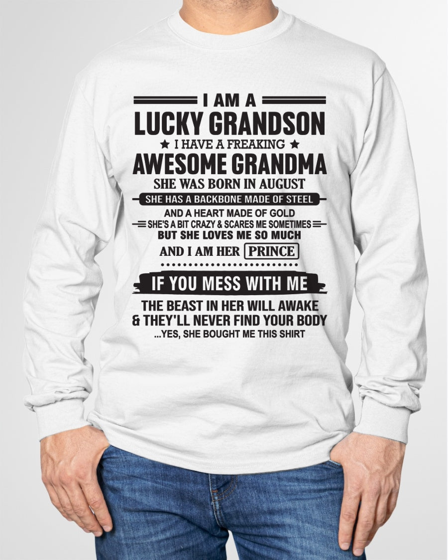 I Am A Lucky Grandson T-Shirt – Birthday Gift From August Grandma / Woman - NGHL08 (SKU11-29-08)