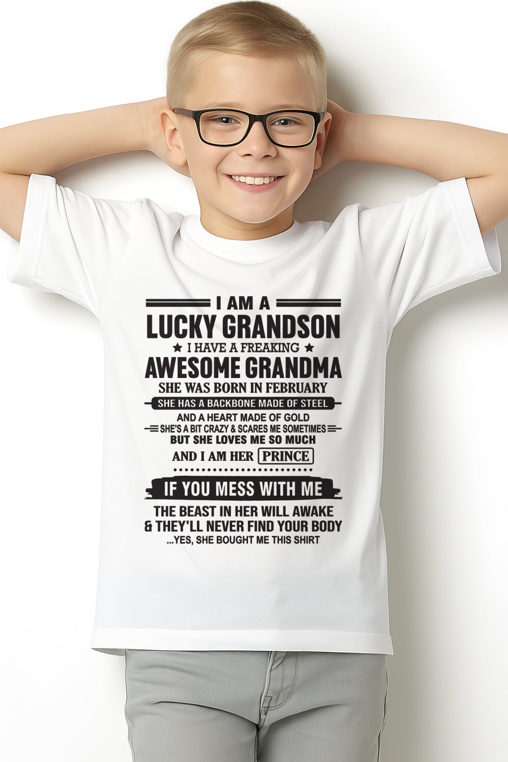 I Am A Lucky Grandson T-Shirt – Birthday Gift From February Grandma / Woman - NGHL02 (SKU11-29-02)