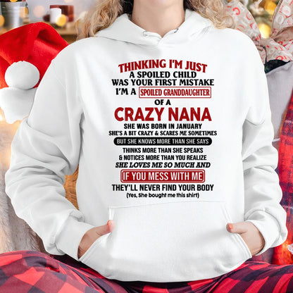 SPOILED GRANDDAUGHTER OF A CRAZY NANA T-SHIRT January Edition - From grandma to granddaughter - NGHL01 (SKU07-129-01)