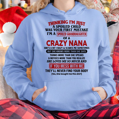SPOILED GRANDDAUGHTER OF A CRAZY NANA T-SHIRT - From grandma to granddaughter - NGHL00 (SKU07-129-00)