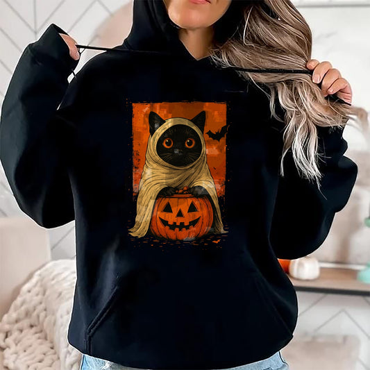 Funny Vintage Black Cat Halloween Pumpkin Spooky Ghost Women T-Shirt - Halloween Unisex T-Shirt/Hoodie - NGHL00
