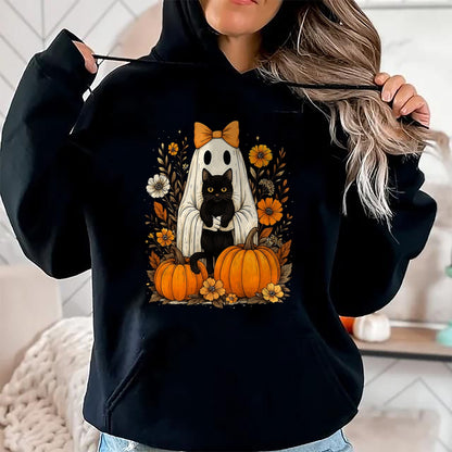 Vintage Halloween Ghost Holding Black Cat Groovy Floral T-Shirt - Halloween Unisex T-Shirt/Hoodie - NGHL00