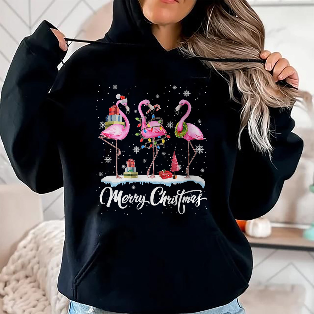 Merry Christmas Hat Santa Flamingo Light Christmas Snow T-Shirt - Christmas Unisex T-Shirt/Hoodie/Sweatshirt - NGHL00