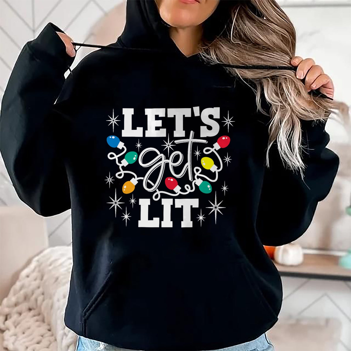 Let's Get Lit Drinking Santa Hat Christmas Lights Funny T-Shirt - Christmas Unisex T-Shirt/Hoodie/Sweatshirt - NGHL00