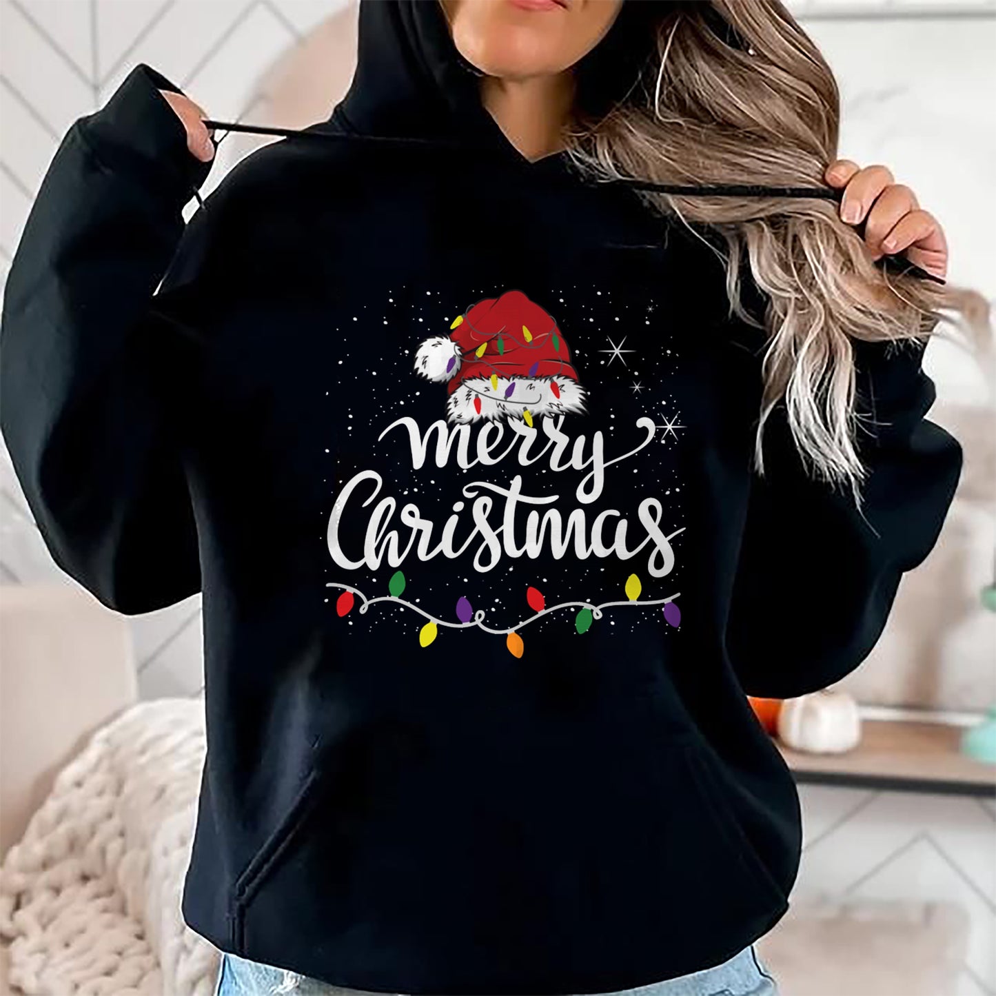 Merry Christmas Lights Red Santa Hat Xmas Family Men Women Pullover - Christmas Unisex T-Shirt/Hoodie/Sweatshirt - NGHL00