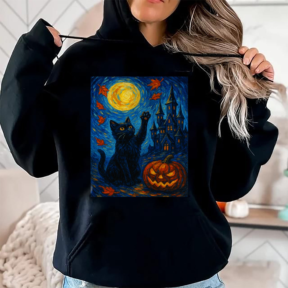 Halloween Van Gogh Starry Night Black Cat Pumpkins T-Shirt - Halloween Unisex T-Shirt/Hoodie - NGHL00